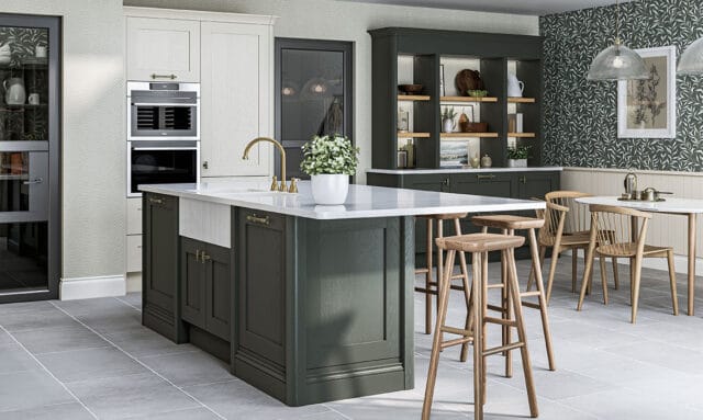 Mornington Shaker Paint to Order Green Kitchen Island with Belfast Sink