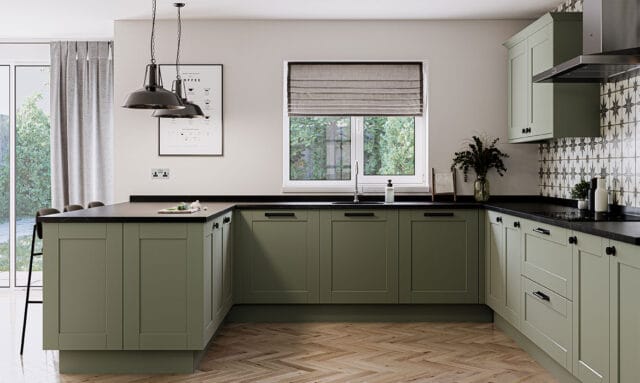 Belsay Smooth Reed Green Kitchen Peninsular
